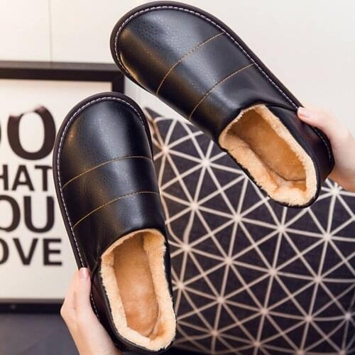 Winter Indoor Shoes Men Short Plush Slippers Man Faux Fur Shoes Leather Slippers Unisex Slip On House Slippers Big Size45