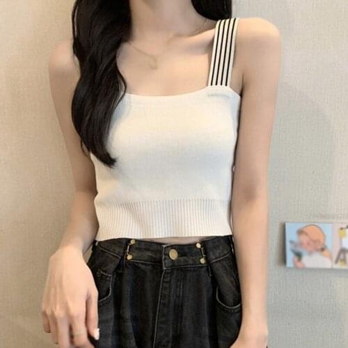 Casual Knited Tank Tops Summer Femme Tanks Camis Crop Top Female Solid Elastic knited Slim Sleeveless Shirts Top