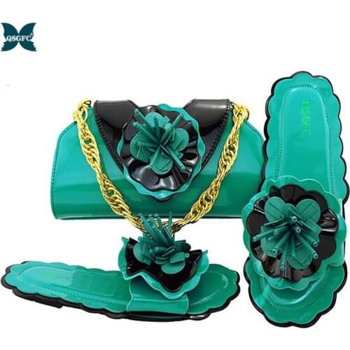 Teal color Flower Shape Shoes And Bag Set New 2020 Women Shoes And Bag Set In Italy Italian design Shoes with Matching Bags Set