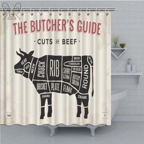 Vintage Butcher Shop Printed Bathroom Curtain Cuts of Cartoon Animal Waterproof Shower Curtain Polyester Fabric Bath Curtain Set