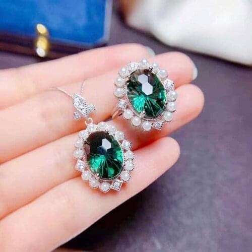 High Quality Green Crystal S925 Sterling Silver Ring Pendant Necklace Set Fine Fashion Weddings Jewelry for Women MeibaPJFS