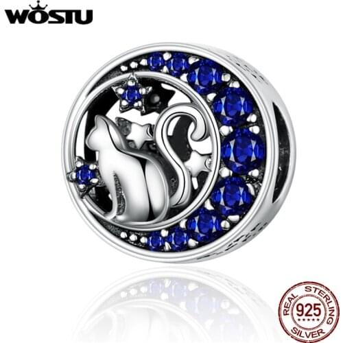WOSTU Moon & Star Cute Cat Beads 925 Sterling Silver Blue Enamel Charm Fit Original DIY Bracelet Pendant Jewelry Making CQC1204