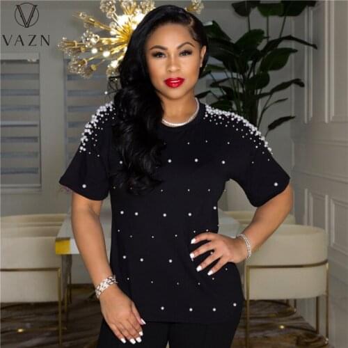 VAZN 2021 Hot Beading Elegant Simple Free Casual Daily Yong Nature Fashion Round Neck Short Sleeve Women Regular Tees