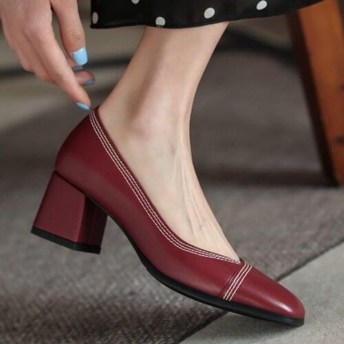 Women Shoes pump heels 22-25cm Cowhide Pigskin lining sheepskin insoles Simple retro shoes square toe sewing thread women heels