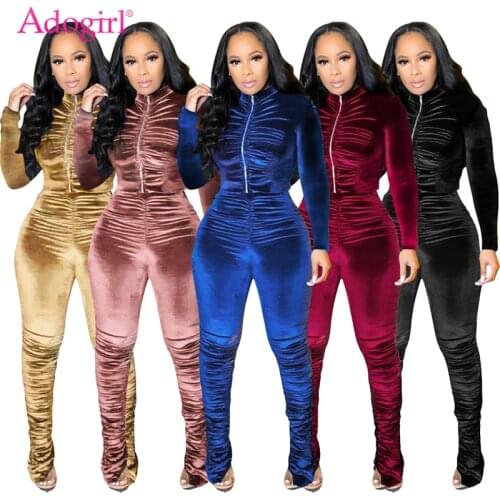 Adogirl Women Velvet Pleated Two Piece Set Long Sleeeve Zipper Coat Top Stacked Pencil Pants Suit Female Athleisure Tracksuit