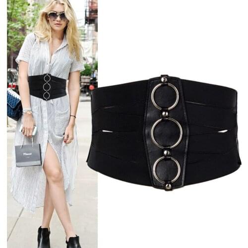 HATCYGGO Plus Size Stretch Wide Belt Cummerbund For Women Waist Belt Elastic Corset Belts Silver Ring Decorated Waistband New