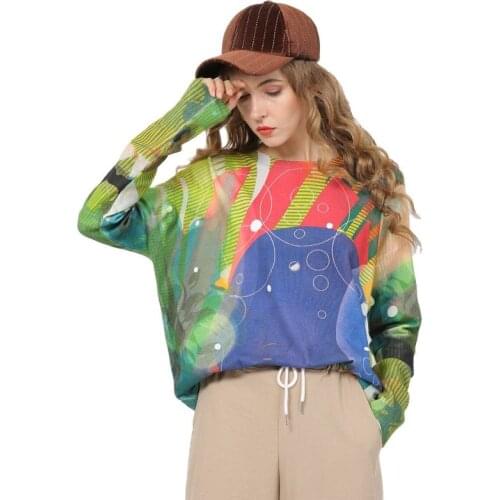 2019 Autumn Printing Round Neck Long Sleeve Womens Top Loose Pullover Knitted Printed Hot Sell Oversize Cotton