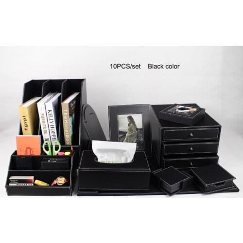 10PCS /set wood leather desk storage file stationery accessories & organizer pen holder file cabinet tissue box note case K203A