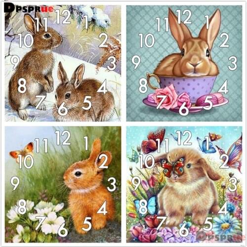Full Diamond Painting Cross Stitch kit Animal Rabbit With Clock Mechanism Mosaic 5D Diy Square Round 3d Embroidery Gift HD101