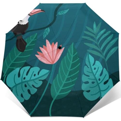 Automatic Umbrella Rain Women Three-folding Umbrella Hand Drawn Tropical Bird Windproof Umbrella Female Waterproof parasol