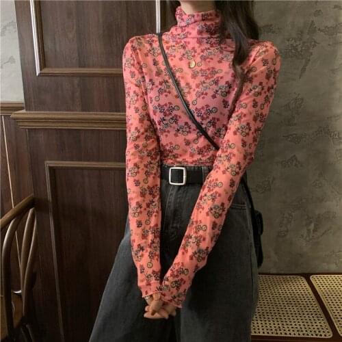 Slim Fit Floral Print Boho Blouse Vintage Translucent Women Long Sleeve Shirt Spring Autumn Sexy Sweet Turtleneck Tops Female