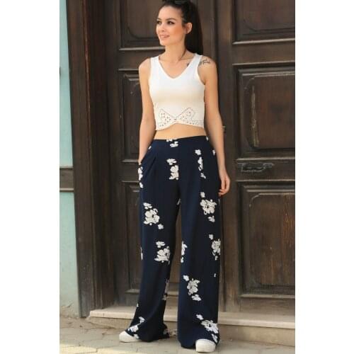 Womens Navy Blue Pattern Baggy Pants ARM-21Y001020