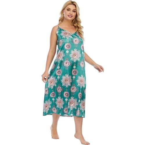 DOIB Women Green Print Pajamas Dress Spaghetti Strap Nightgowns Plus Size Sleepwear Oversize Gown Homewear Summer Dress
