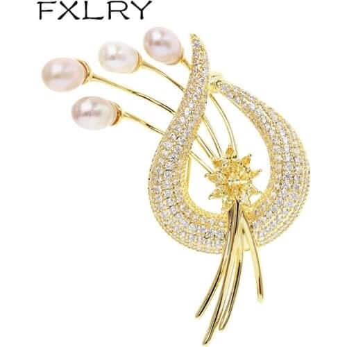 FXLRY Luxury Shiny Gold Color AAA Zircon Pearl Flowers Brooch For Woman Fashion Wedding Engagement Party Jewelry