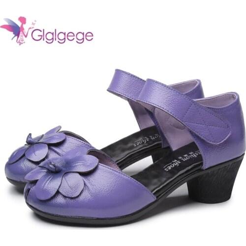 Glglgege Thick heel Genuine leather soft-soled sandals ethnic style retro mom shoes middle-aged hollow leather fish mouth shoes