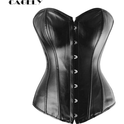 Faux Leather Boned Overbust Corset Top Sexy Black Lacing-up Bustier Steel-busk Steampunk Lingerie Plus Size Party Outfits S-6XL