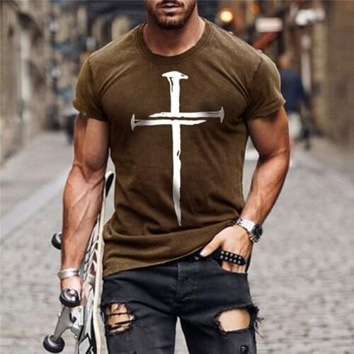Mens T-shirt Digital Printing 3D Printing Jesus Christ Cross Printing T-shirt Four Seasons Casual All-match Casual Tee