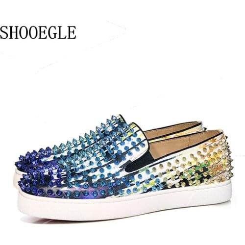 SHOOEGLE New Men Printing Patent Leather Spike Sneaker Shoes Slip-on Flat Low Top Rivet Shoes Men Runway Chaussures Hommes