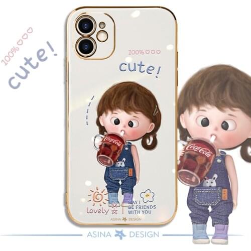ASINA Electroplated Soft Case For iPhone 11 12 Pro XR XS Max Soft Cartoon Cover For iPhone 6 7 8 Plus Fundas Capa Cola Girl