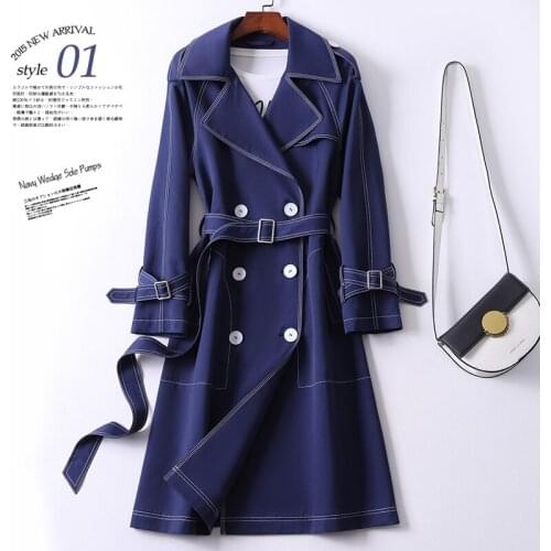 2021 Spring New Korean Mid-length Windbreaker Navy Blue Long Over-the-knee Coat Spring and Autumn Small Fashion Trend