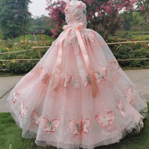 Handmade Clothes Dog Dress Pink Butterfly Embroidery Pearl Flowers Lace Skirt Dancing Party Pet Tailing Wedding Gown Poodle