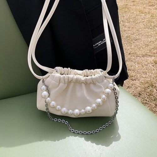 Womens premium texture luxury shoulder bag 2021new fashion designer pure color fold pearl chain handbag all-match messenger bag