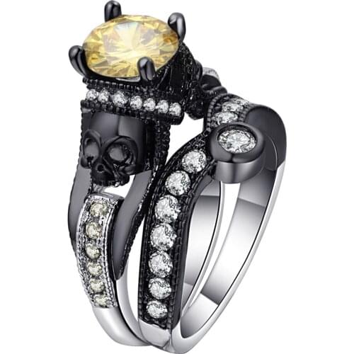 Luxury Black Gun Skull Ring For Women Men White Gold Filled Multi Color Round Zirconia Wedding Bands Devil Skeleton Ring Sets