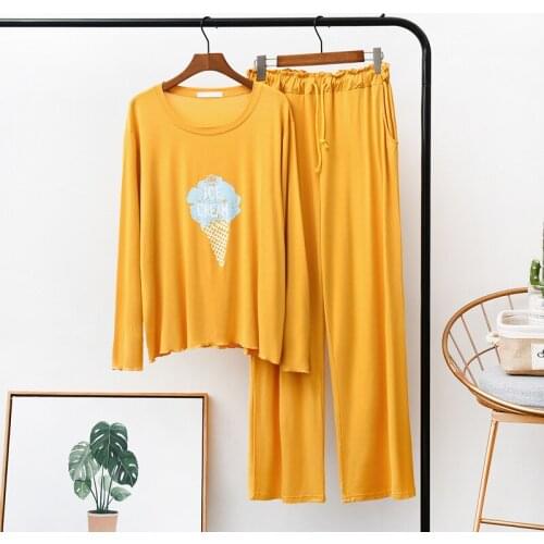 Spring and Autumn Modal Plus Size Womens Pajamas, Ice Cream Printed Long Sleeve Trousers, Big Stretch, Comfortable Homewear Set