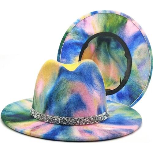 Tie-dye fedora hat color spots rainbow sugar female summer 2021 new hip-hop retro flat brim jazz hat Panama кепка женская