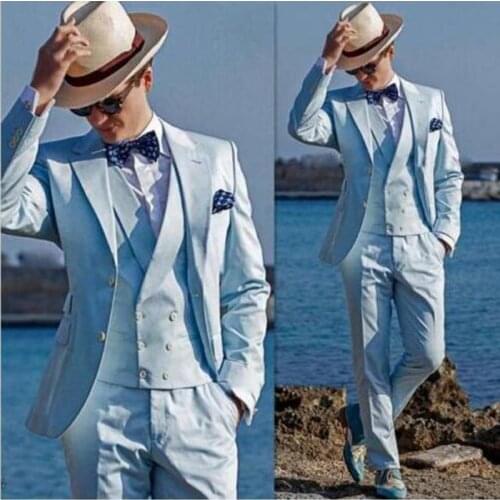 Handsome Baby Blue Groom Tuxedos Customize Mens Evening Dress Toast Suit Party Blazer Clothes (Jacket+Pants+Vest+Tie) NO:080