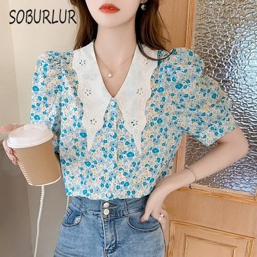 SOBURLUR Summer Basic T-shirts Doll collar BF Korean Style Womens T shirt Puff sleeve Tunics Casual Blousas Flower Printed Tops