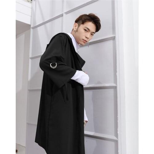 Dark spring and autumn trench coat personality Cape casual coat mens fashion Gothic fake two piece knee length robe with hat