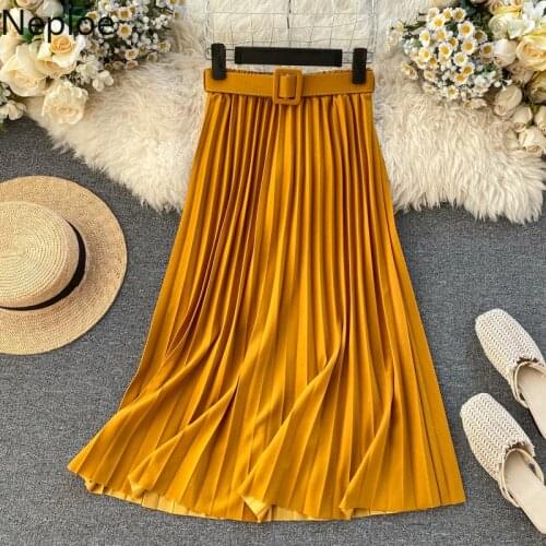 Neploe Spring 2021 Bright Color Belted Pleated Skirt Solid Elastic High Waist Jupe Fashion Women Mid-calf Length Skirts 80648