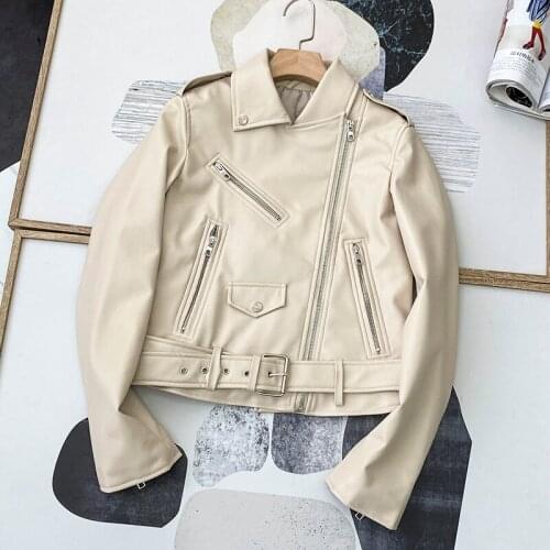 Down Collar Coat Outwear New Autumn Women Black Pu Faux Leather Jacket Streetwear Moto Biker Slim Fit Turn with Belt