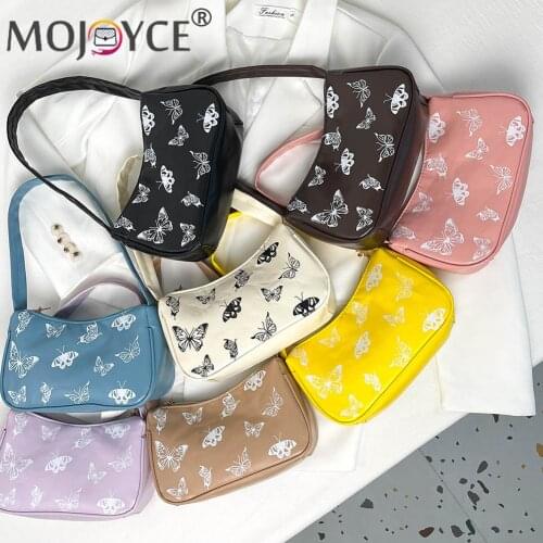 Fashion Solid Color PU Leather Travel Zipper Small Handbags Casual All-match Butterfly Printing Womens Shoulder Underarm Bag