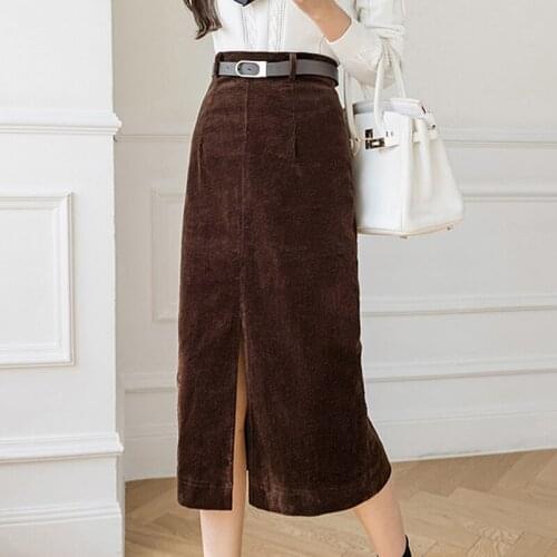 Vintage Long Pencil Skirt Women High Waist Split Corduroy Skirts With Belt Autumn Plus Size Midi Skirt jupe femme