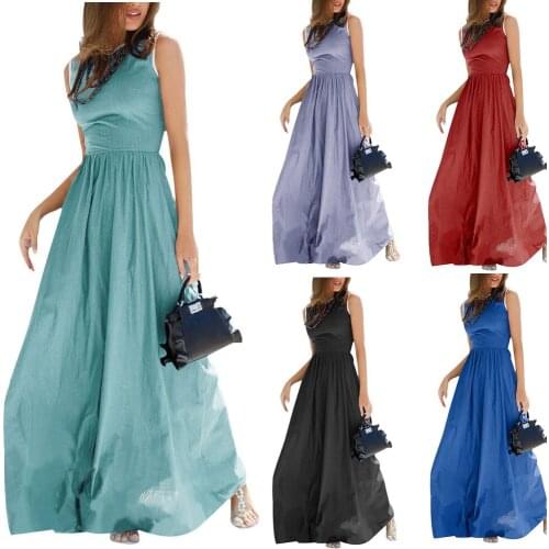 Women Sleeveless Round-neck Dress Solid Large Hem Dress Summer Beach Party Holiday -MX8