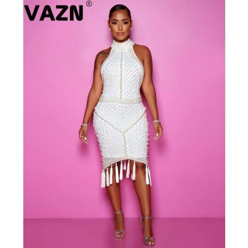 VAZN 2020 New Upmarket Customization Heavy Industry Beading Tassel Solid Halter Backless Thin High Waist Women Midi Dress