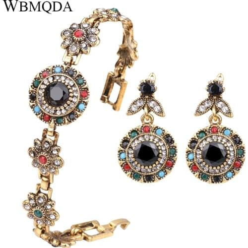 2 Pcs/lot Luxury Vintage Boho Jewelry Sets For Women Antique Gold Color Earrings Bracelet Wedding Accessories Bridesmaid Gifts