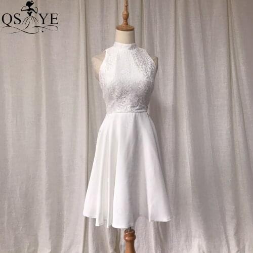 White Short Wedding Dress Halter Neck Lace Prom Dress Backless Cocktail Gown Open Back Short A line Cheap Lace White Party Dress