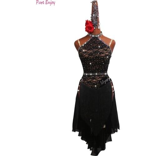 Shiny Rhinestones Latin Dance Dress Womens Custom Professional Fringed Latin Dress Female Sexy Performance Dynamic black Skirt
