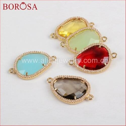 BOROSA Irregular Gold Faceted Framed Charms CZ Birthstone Pendants Glass Bezel Connector Double Bails Jewelry Makings WX385