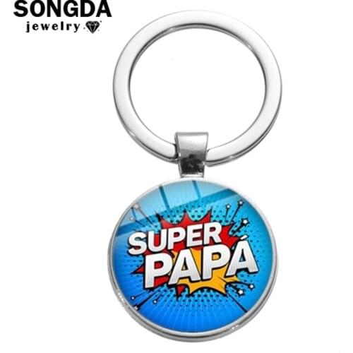 SONGDA Super Papa Theme Keychain I Love Papa Art Pattern Glass Dome Key Ring Express Love Fathers Gift Car Key Chain Men Jewelry