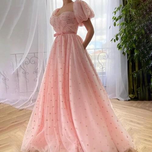 Baby Pink Heart Tulle A-Line Wedding Party Dresses Sweetheart Puff Sleeves Ruched robes de soirée Bow Belt Prom Dresses 2021