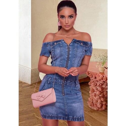 Jeans Skater Dress Sexy Women Slash Neck Bodycon Blue Denim Mini Club Party Dress
