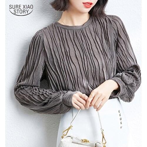 Elegant Solid Blouse Autumn Comfort Bottoming Woman Shirt Chiffon Long-sleeve T-shirt Pleated Woman Blouse Blusas De Mujer 16205