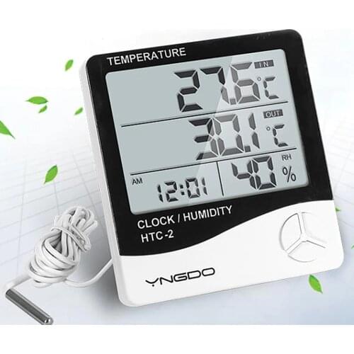 New LCD Electronic Digital Temperature Humidity Meter Indoor Outdoor Thermometer Hygrometer Weather Station Clock HTC-2