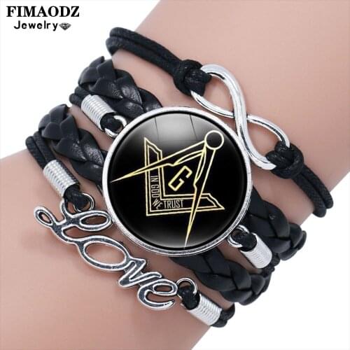 FIMAODZ Masonic Bracelet Free Mason Glass Photo Multilayer Leather Bracelets Vintage Men Women Jewelry