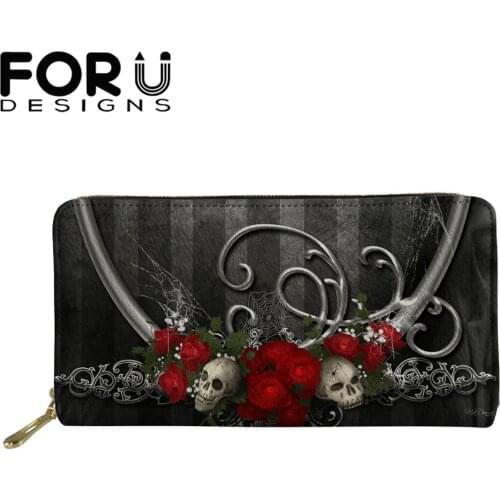 FORUDESIGNS Women Long Wallets Gothic Skulls Printed Cash Waterproof PU Leather Money Purse Coin Purse Card Holder Phone Pocket