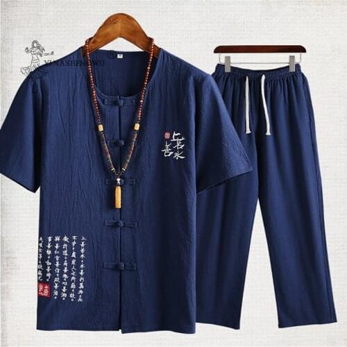 Japanese Style Kimono Tops Short-Sleeved T-shirt Pants Two Piece Men Trousers Suits Male Japan Harajuku Yukata Cardigan Costume